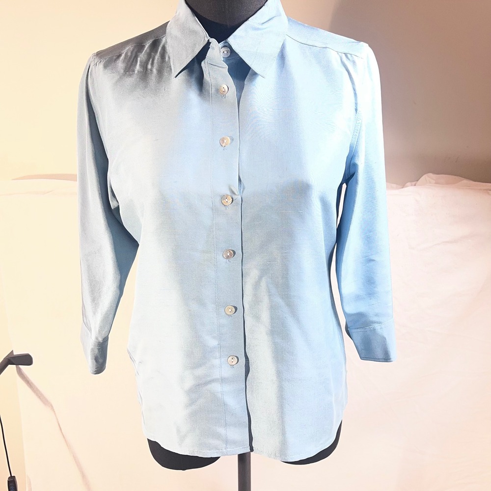 Chelsea Campbell Light Blue 100% Silk Button Down Blouse 3/4 Sleeve Size 12